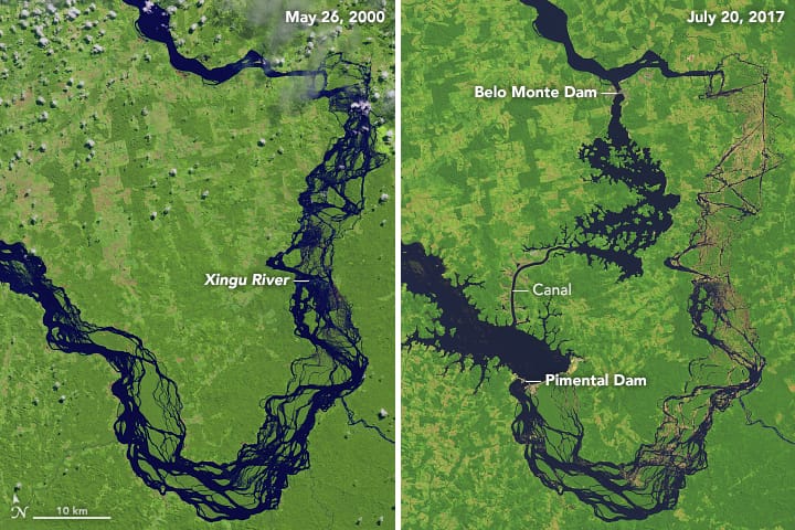 Satellite images of the Xingu River in Brazil, before and after the construction and operation of the Belo Monte dam. 