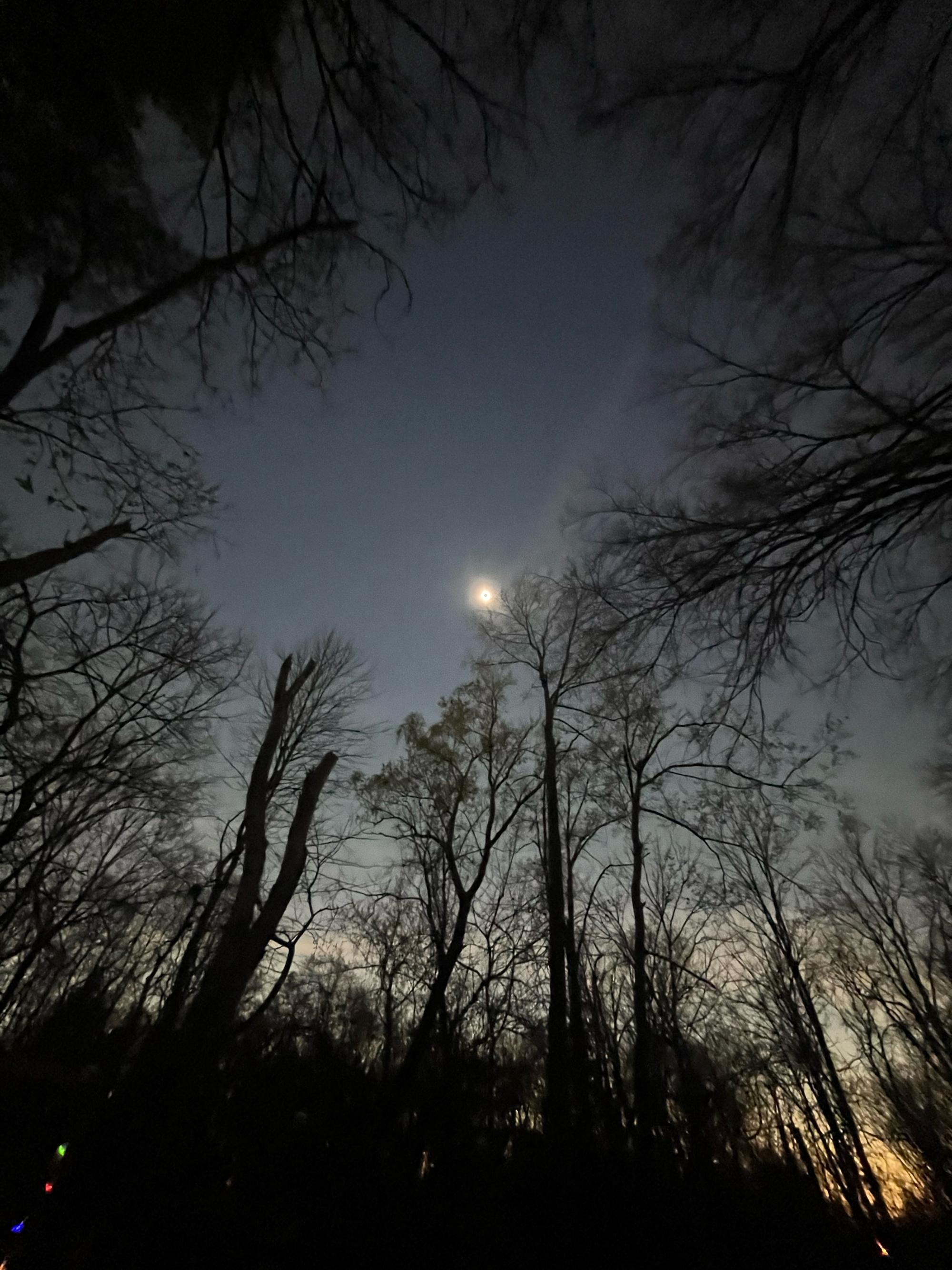 The solar eclipse seen as a small black dot against an orange-yellow halo