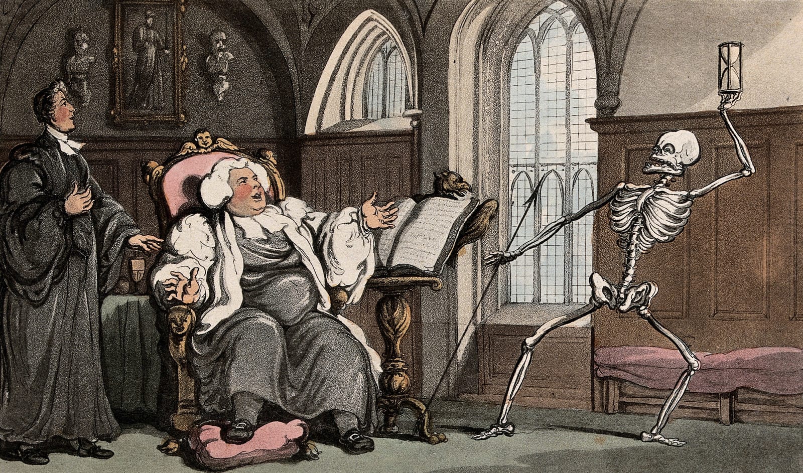 A painting of a skeleton dancing in front of a man seated in a chair and another man standing