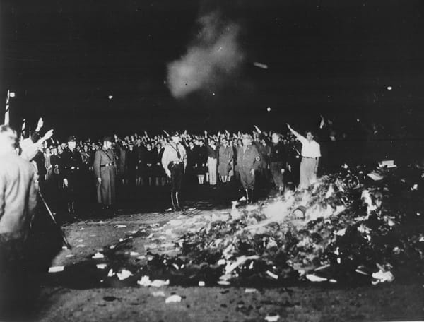 Books being thrown into a flaming pile while onlookers perform Hitler salutes. A photograph of Nazi book burning, 1933.