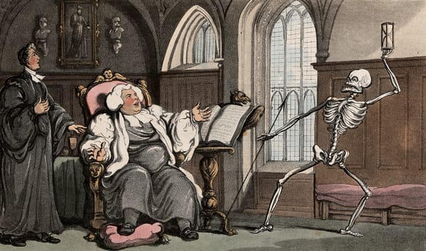 A painting of a skeleton dancing in front of a man seated in a chair and another man standing